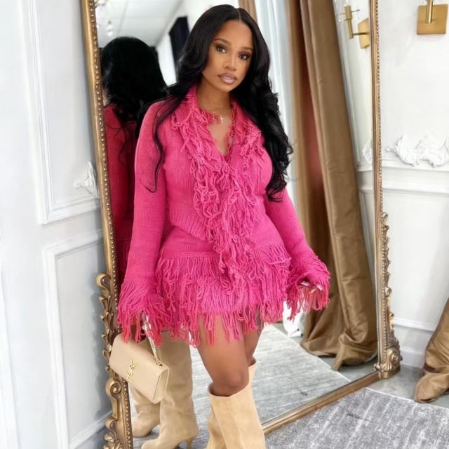 Knitted Crocheted Tassel Tie-up Bodycon Skirt Set