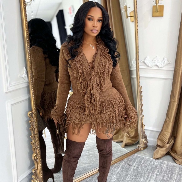 Knitted Crocheted Tassel Tie-up Bodycon Skirt Set