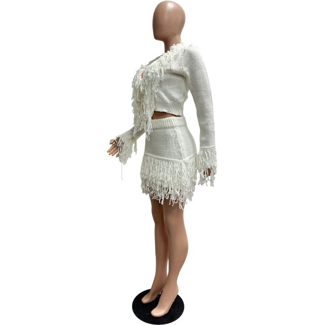 Knitted Crocheted Tassel Tie-up Bodycon Skirt Set