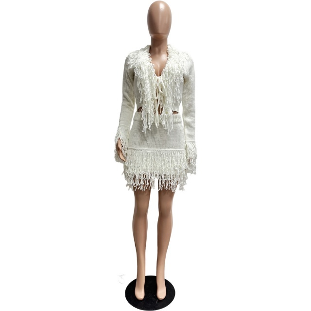 Knitted Crocheted Tassel Tie-up Bodycon Skirt Set