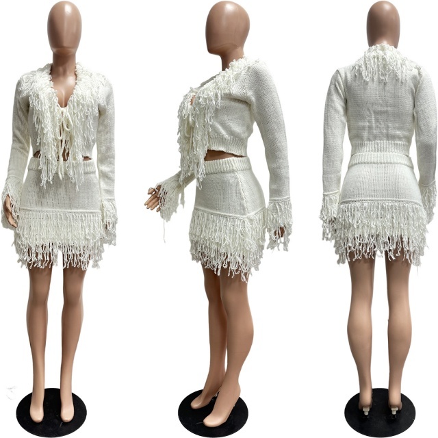 Knitted Crocheted Tassel Tie-up Bodycon Skirt Set