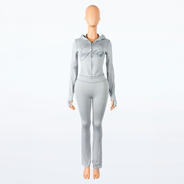 Long Sleeve Zipper Up Hooded 2 Pieces Jogging Suit