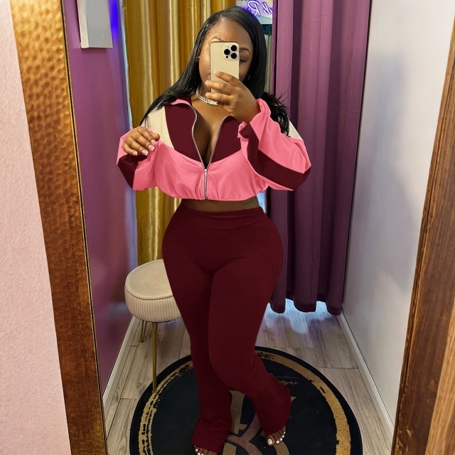 Color Block Zipper Up Crop Top Flare Pant Set