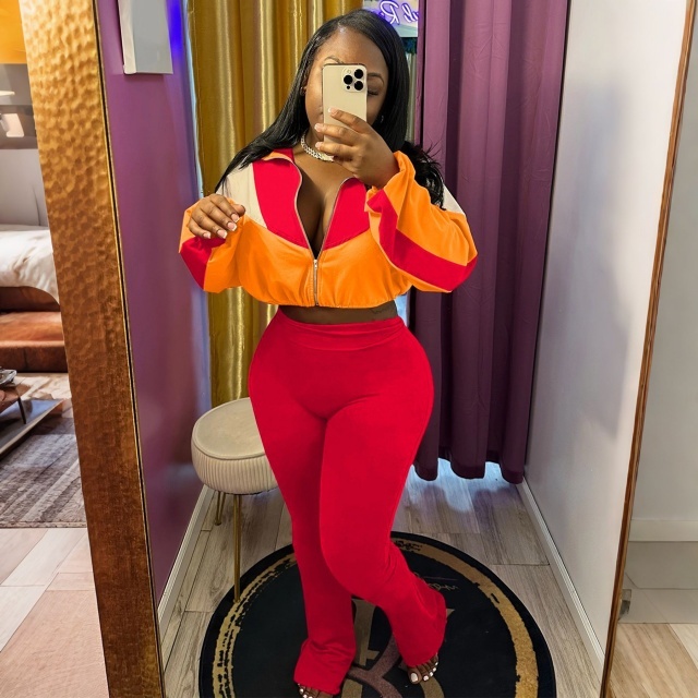 Color Block Zipper Up Crop Top Flare Pant Set
