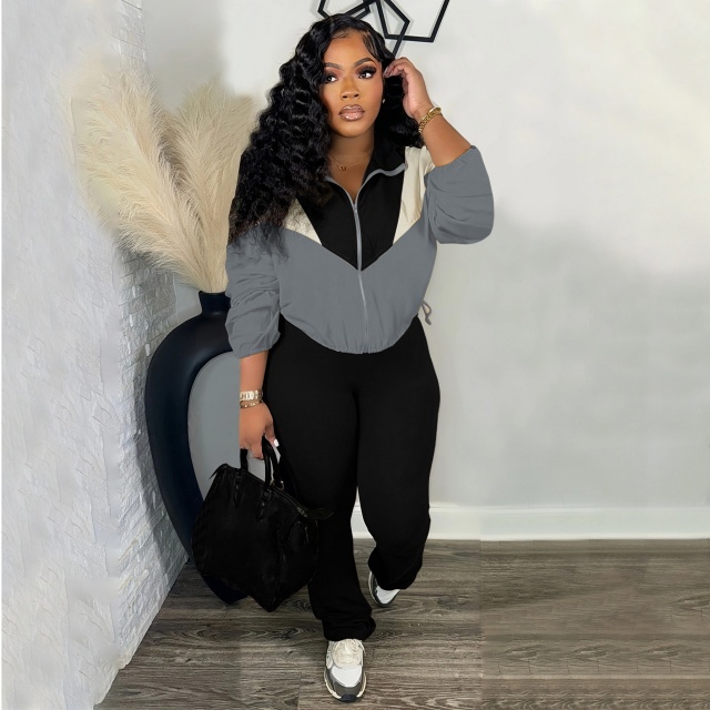 Color Block Zipper Up Crop Top Flare Pant Set