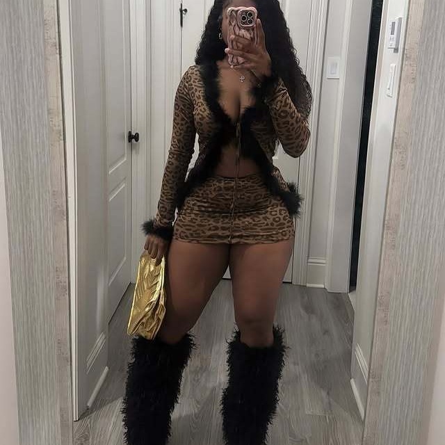 Fur V Neck Tied Up Leopard Skirt Set