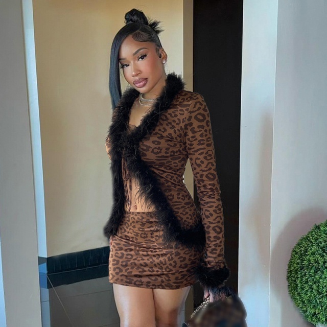 Fur V Neck Tied Up Leopard Skirt Set