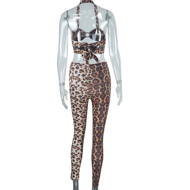 Leopard Printed Halter Neck Crop Top Legging Set