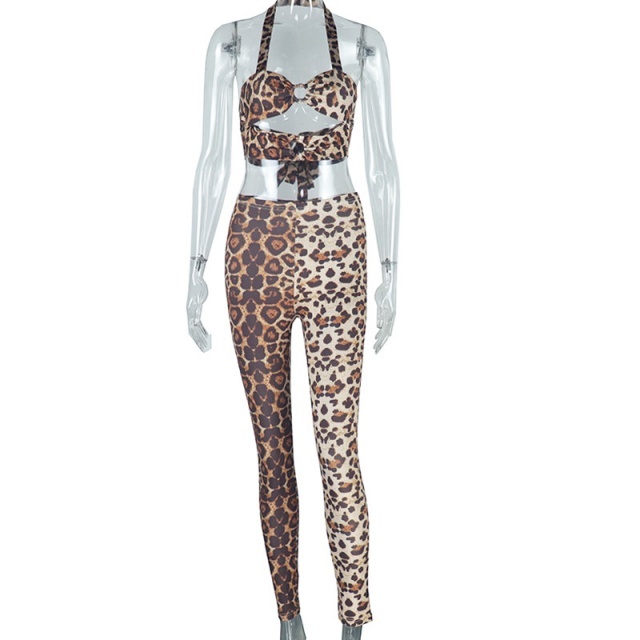 Leopard Printed Halter Neck Crop Top Legging Set
