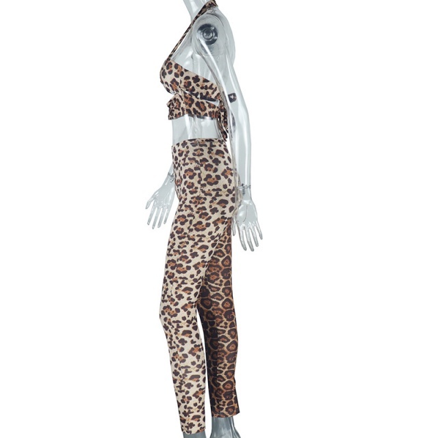 Leopard Printed Halter Neck Crop Top Legging Set