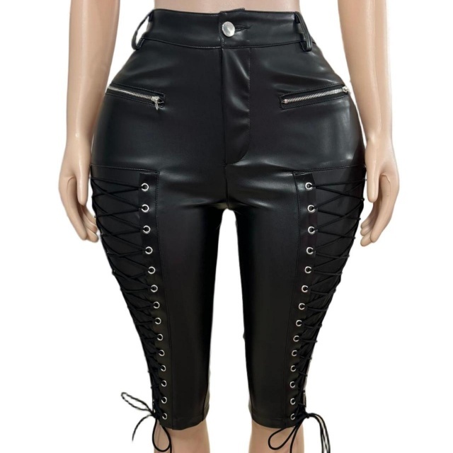 PU Leather Strappy Crop Pants