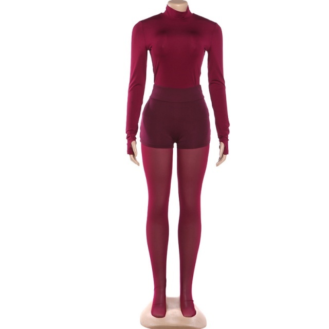 Long Sleeve Skinny Top Tight Mesh Stocking Set 3 Pieces