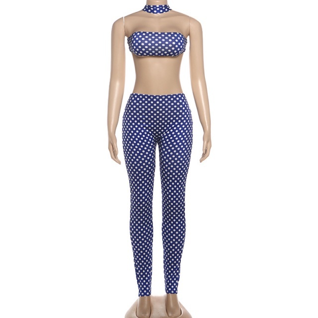 Polka Dots Printed Halter Crop top Tight Pant Set
