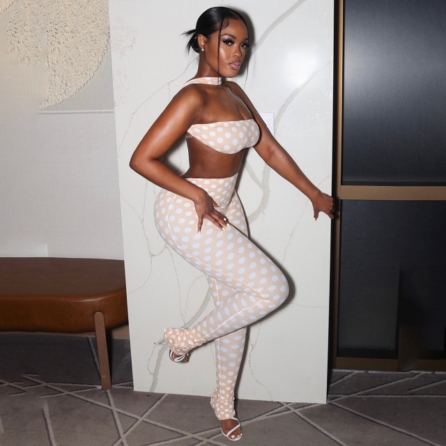 Polka Dots Printed Halter Crop top Tight Pant Set