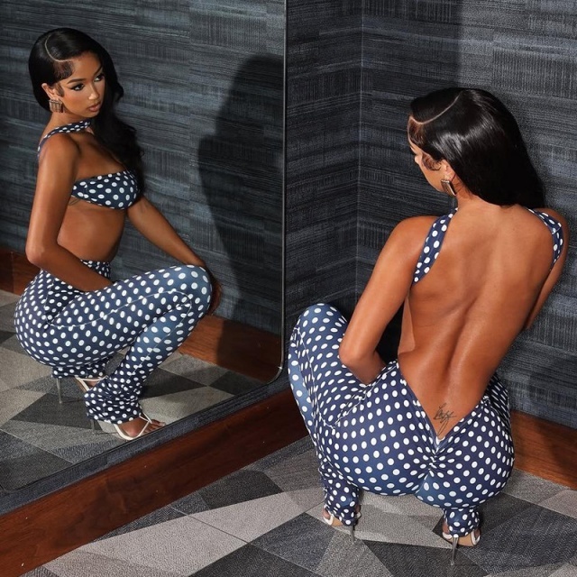 Polka Dots Printed Halter Crop top Tight Pant Set