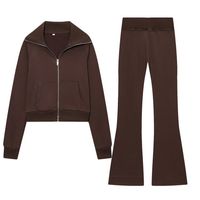 Solid Color Zipper Up Jacket Top Flare Pant Set