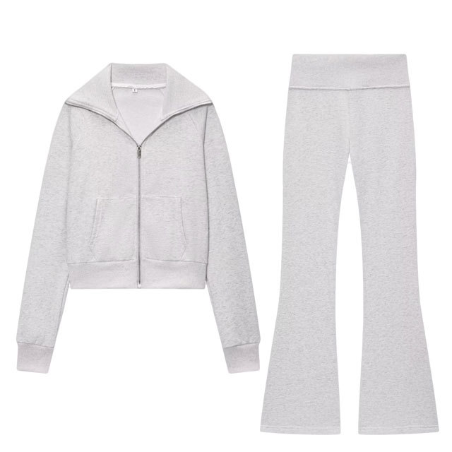 Solid Color Zipper Up Jacket Top Flare Pant Set