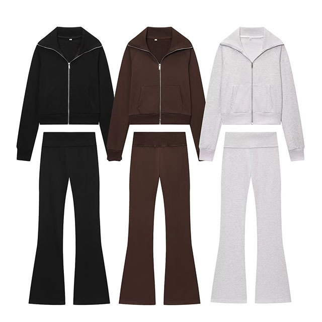 Solid Color Zipper Up Jacket Top Flare Pant Set