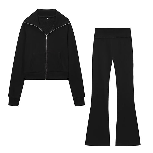 Solid Color Zipper Up Jacket Top Flare Pant Set