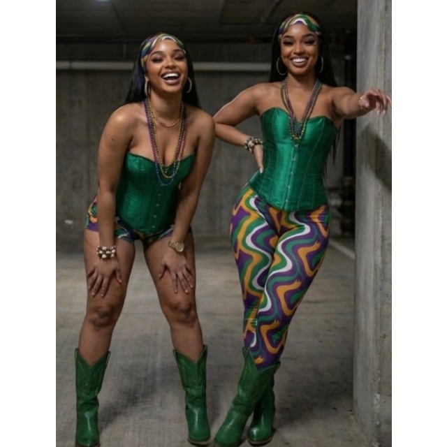 Mardi Gras Corset Top Tight Pant Set with Headscarf