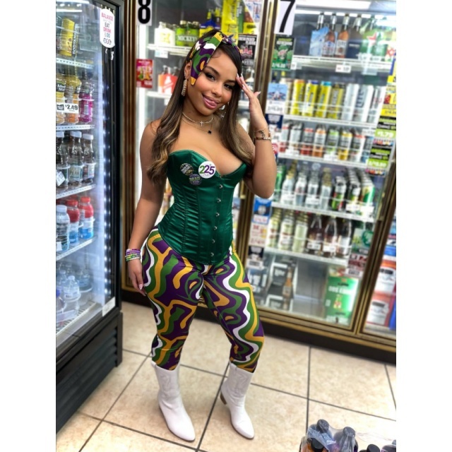 Mardi Gras Corset Top Tight Pant Set with Headscarf