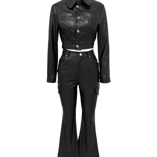 PU Leather Buttons Down Jacket Top Flare Pant Set