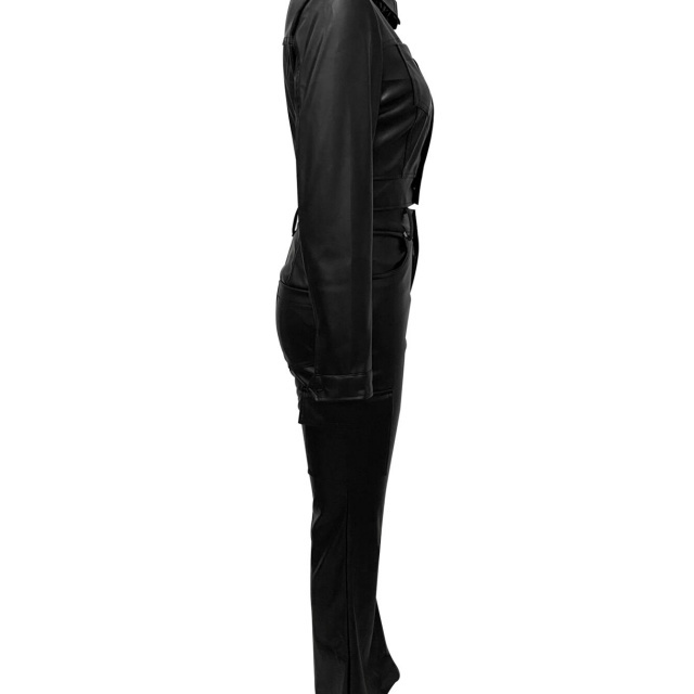 PU Leather Buttons Down Jacket Top Flare Pant Set