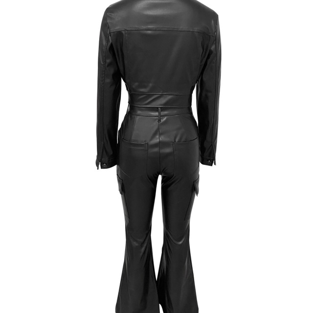 PU Leather Buttons Down Jacket Top Flare Pant Set