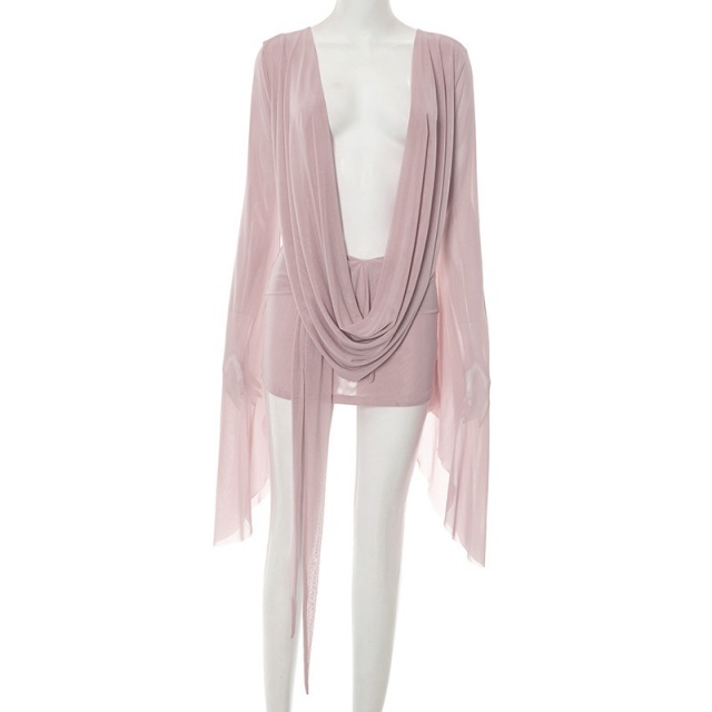 Plunging V Neck Backless Sheer Mesh Mini Dress