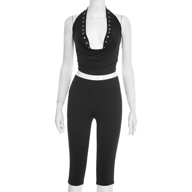 Eyelet Halteer Neck Crop Top Cropped Pant Set