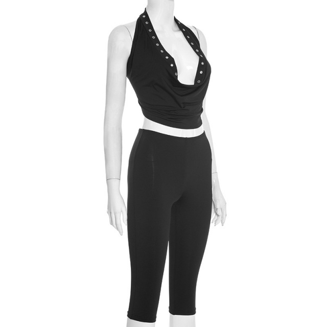 Eyelet Halteer Neck Crop Top Cropped Pant Set