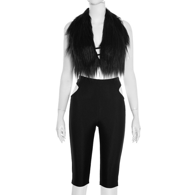 Fur Halter Neck Top Hollow Out Cropped Pant Set