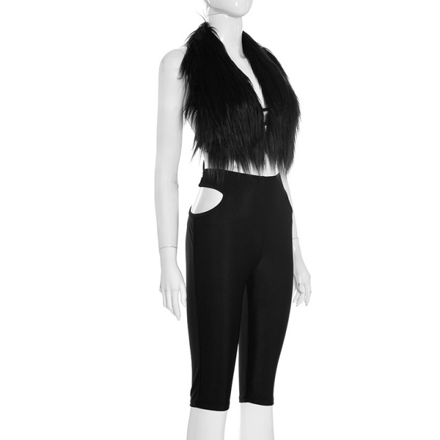 Fur Halter Neck Top Hollow Out Cropped Pant Set