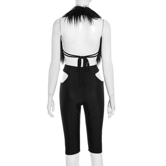 Fur Halter Neck Top Hollow Out Cropped Pant Set
