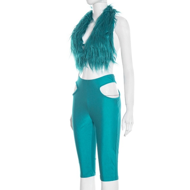 Fur Halter Neck Top Hollow Out Cropped Pant Set