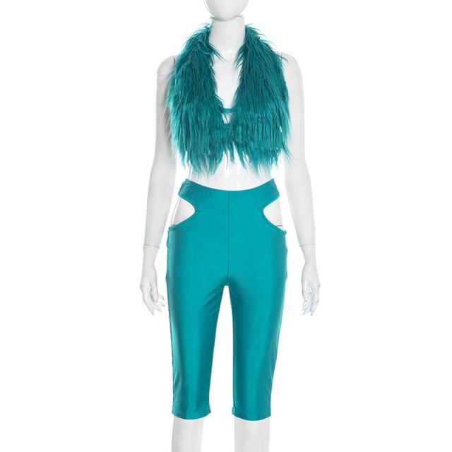 Fur Halter Neck Top Hollow Out Cropped Pant Set