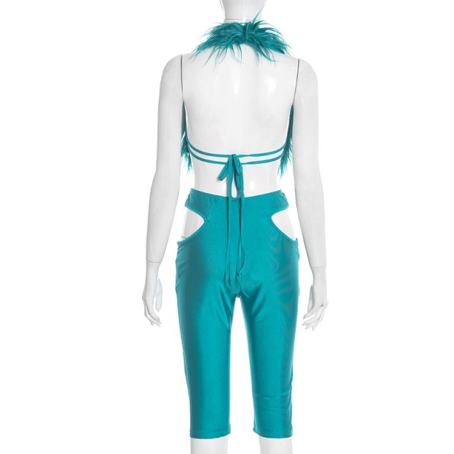 Fur Halter Neck Top Hollow Out Cropped Pant Set