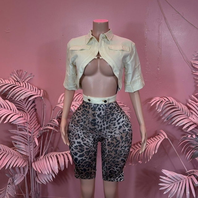Hollow Out Jacket Top Skinny Leopard Legging Set