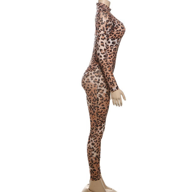 Leopard Printed Long Sleeve Sheer Mesh Jumpsuit