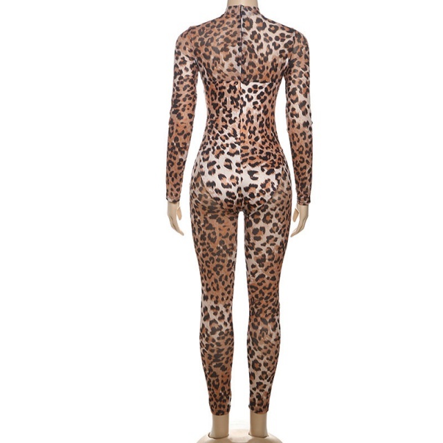 Leopard Printed Long Sleeve Sheer Mesh Jumpsuit