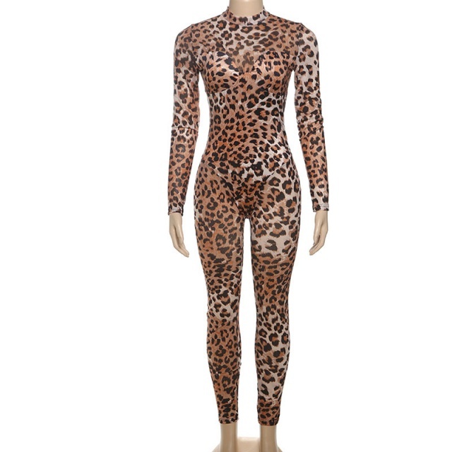 Leopard Printed Long Sleeve Sheer Mesh Jumpsuit