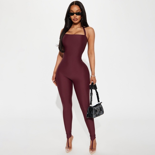 Solid Color Halter Neck Backless Tight Jumpsuit