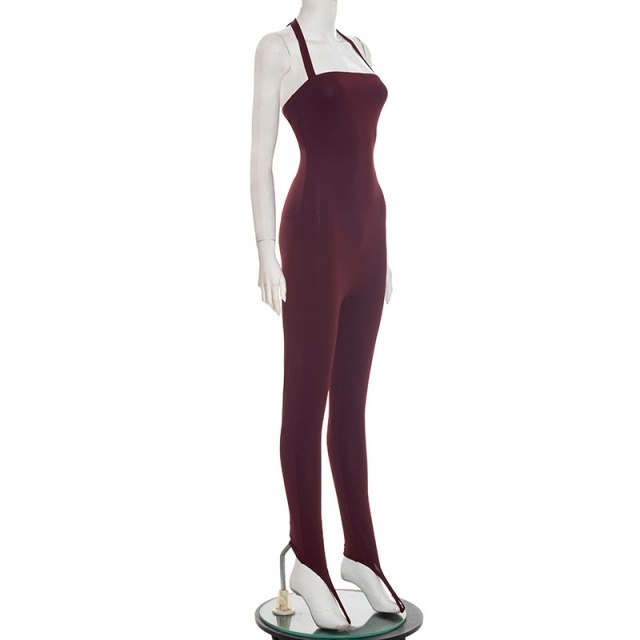 Solid Color Halter Neck Backless Tight Jumpsuit