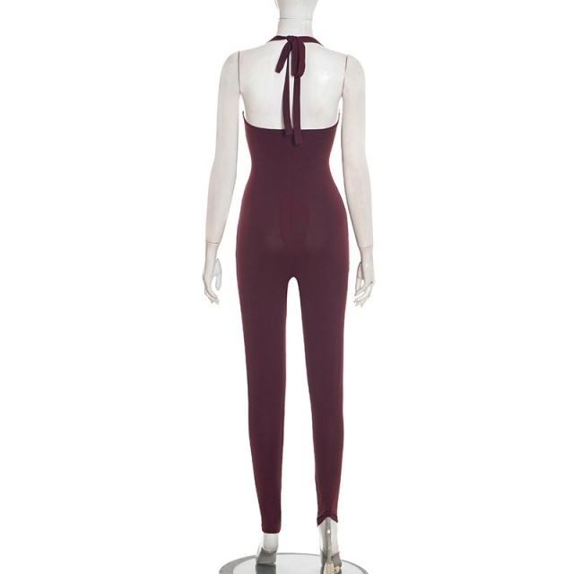 Solid Color Halter Neck Backless Tight Jumpsuit