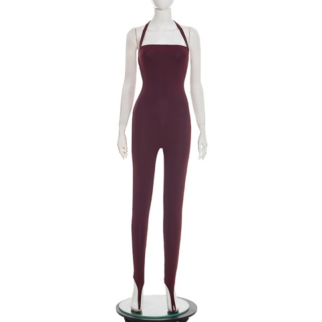 Solid Color Halter Neck Backless Tight Jumpsuit