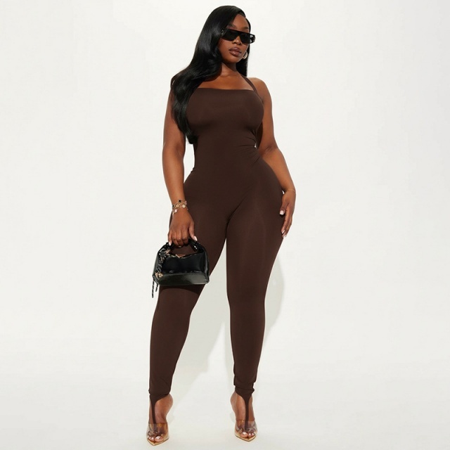 Solid Color Halter Neck Backless Tight Jumpsuit