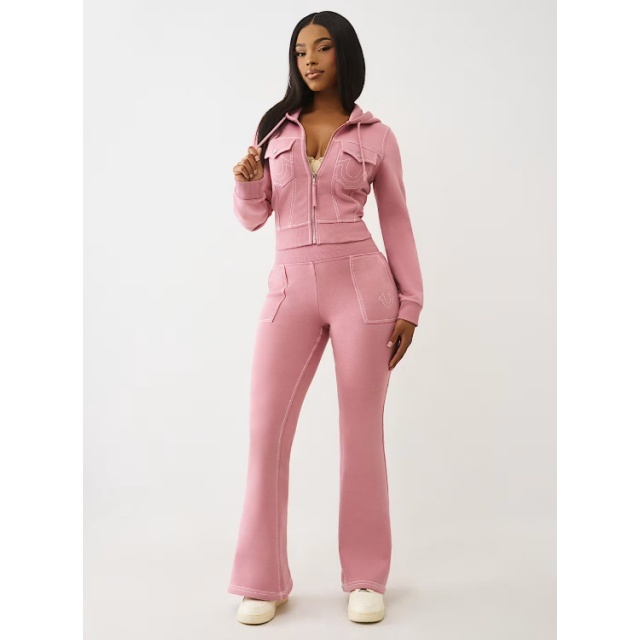 Letters Embroidey Hooded Top Flare Pant Set