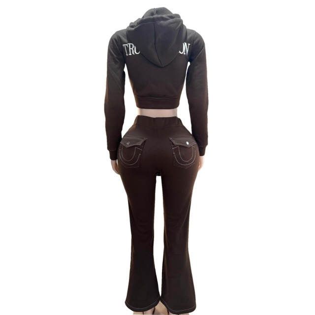 Letters Embroidey Hooded Top Flare Pant Set