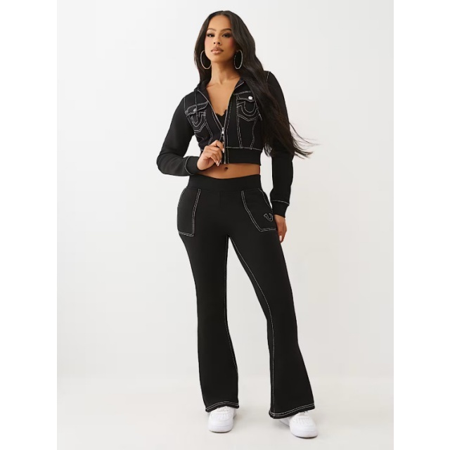 Letters Embroidey Hooded Top Flare Pant Set