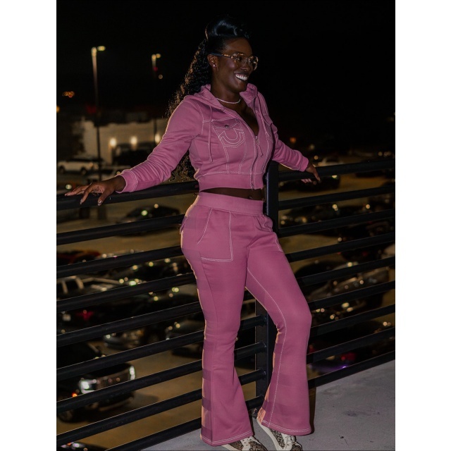 Letters Embroidey Hooded Top Flare Pant Set
